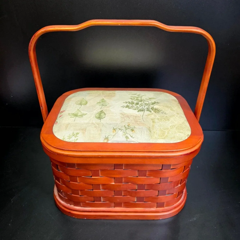 Handwoven Basket Swing Handle Lid Liner Wood Tray Brown Leaf Pattern Cottagecore